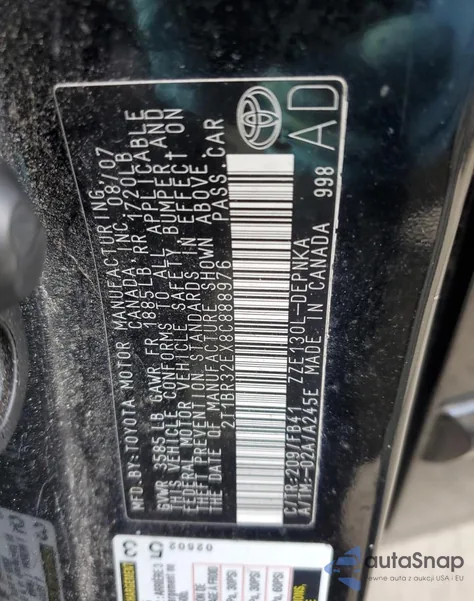 2008 Toyota Corolla Ce из США, поврежденный, VIN 2T1BR32EX8C888976